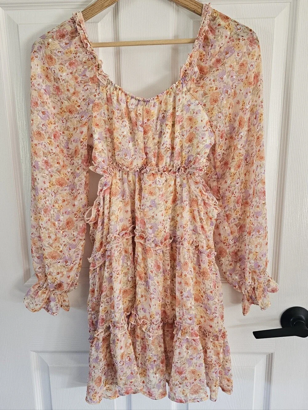 Jessica Simpson Floral Ruffle Side Cutout Mini Dress Small S Long Sleeve EUC